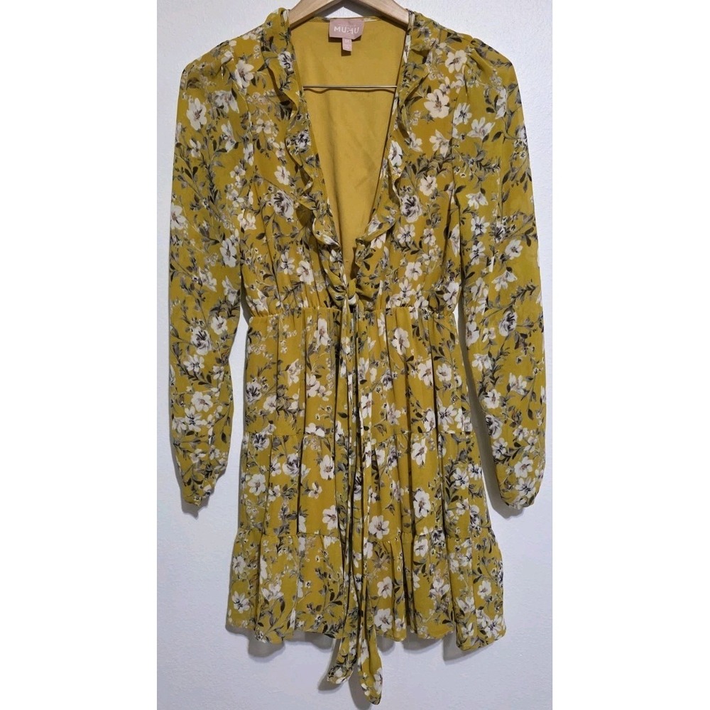 NEW SHOW ME YOUR MUMU ADDY TIE DRESS FLIRTIN FLORAL Yellow Boho‎ Festival Sun M - Picture 2 of 10